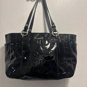 Coach F17728 Patent Leather Gallery Tote Black Embossed Signature Shoulder Bag